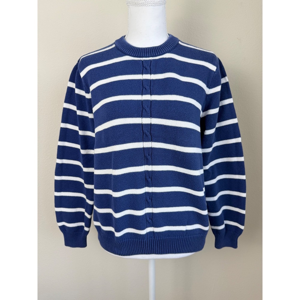 VTG Appleseed's PM Cotton Sweater Blue White Striped Cable Knit Nautical Coastal
